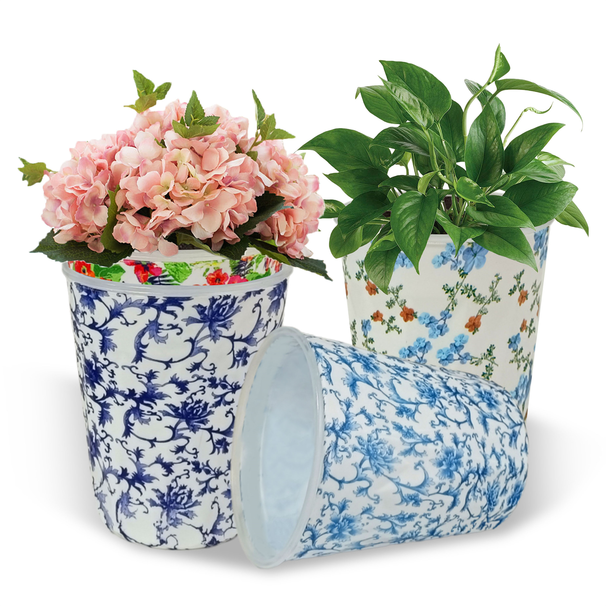 SSY 4-piece floral pattern round flower pot set - handmade with drainage design, suitable for indoor and outdoor use, perfect for succulents and home decoration
