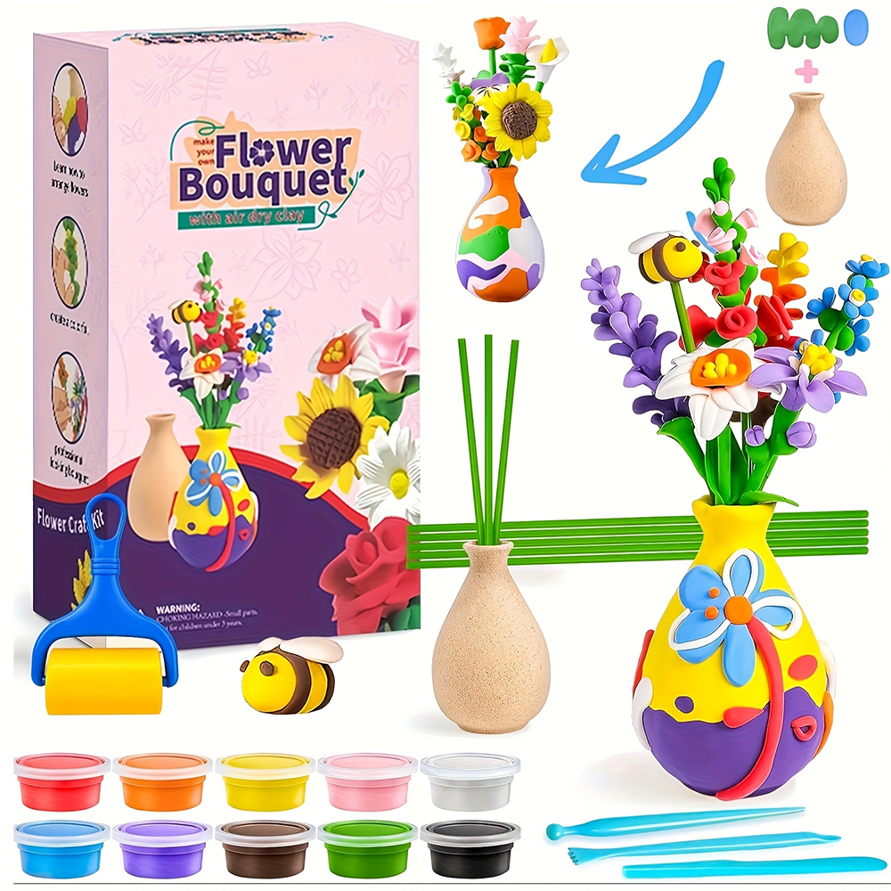 Air Dry Clay Vase Bouquet Craft Kit, 10 Pieces Modeling Clay Flower Art and Craft DIY Set for Boys and Girls, Improve Fine Motor Skills and Hand-Eye Coordination, Great Gift Idea for Boys and Girls