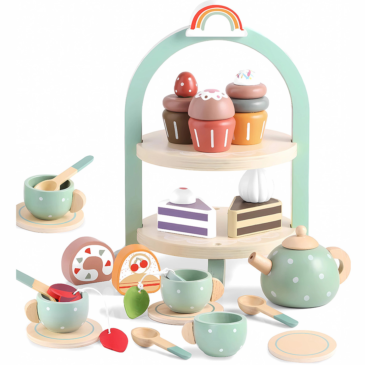 Tea Party Set for Little Girls with Cupcake Stand, Wooden Tea Set Toys for Girls Age 3 4 5 6 7 Year Old, Toddler Kids Kitchen Pretend Play Toys for Girls