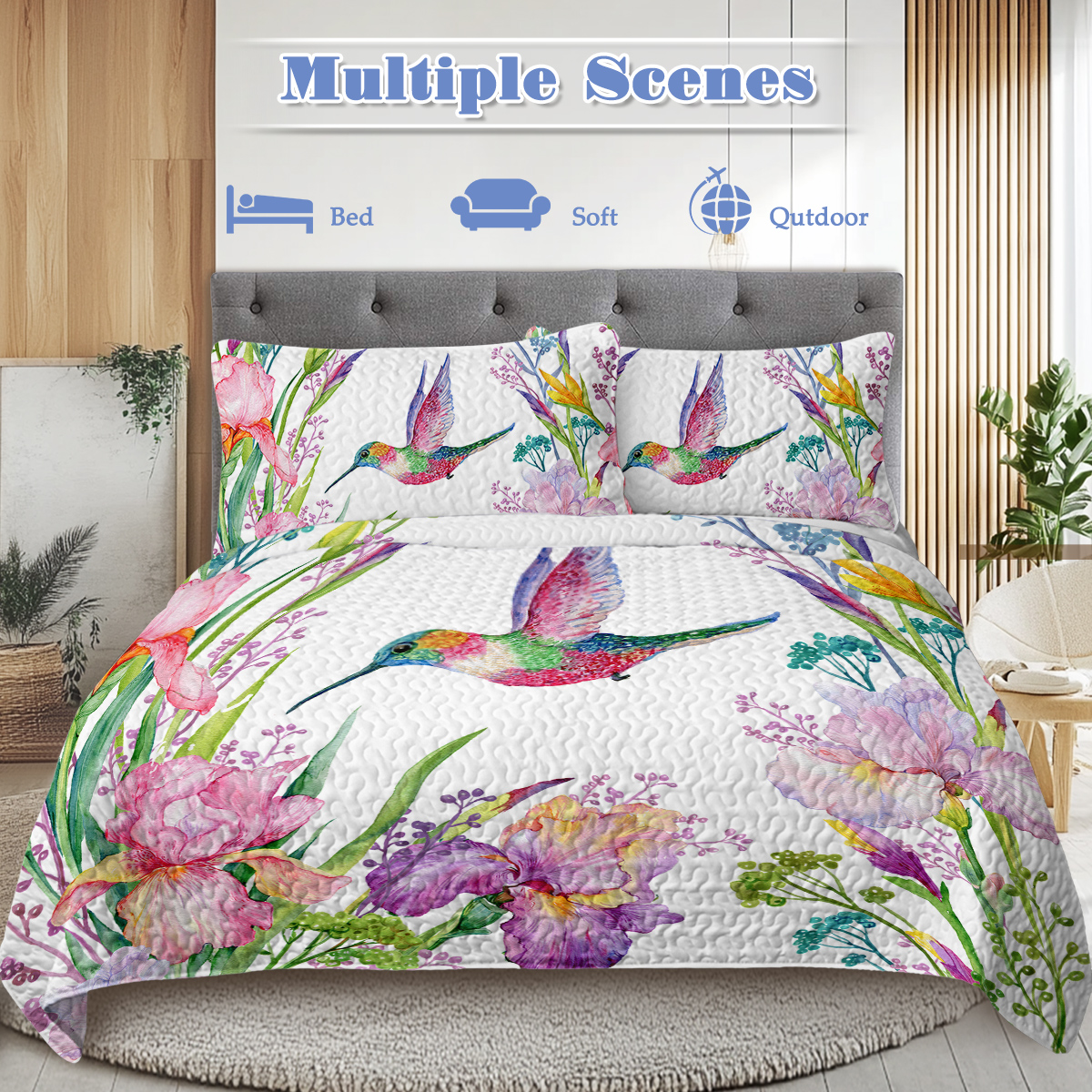 3 Pieces Kingfisher Print Quilt Set King Size Flowers Kingfishers Pattern Comforter Set Animal Theme Lightweight Quilt Set for All Season 1 Coverlet and 2 Pillowcases