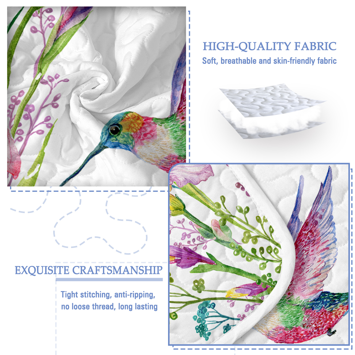 3 Pieces Kingfisher Print Quilt Set King Size Flowers Kingfishers Pattern Comforter Set Animal Theme Lightweight Quilt Set for All Season 1 Coverlet and 2 Pillowcases