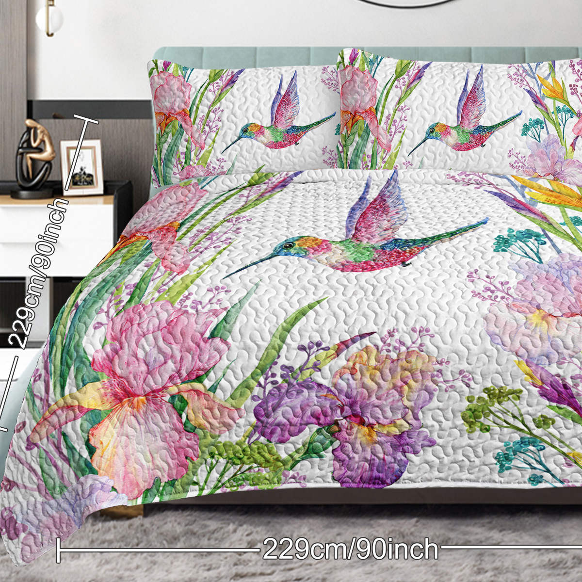 3 Pieces Kingfisher Print Quilt Set King Size Flowers Kingfishers Pattern Comforter Set Animal Theme Lightweight Quilt Set for All Season 1 Coverlet and 2 Pillowcases