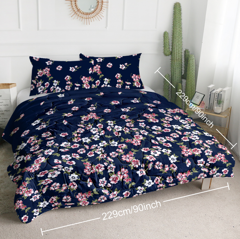 3pcs Dark Blue Floral Bedding Comforter Set Including 1 Comforter Set And 2 Pillowcases Suitable For All Seasons