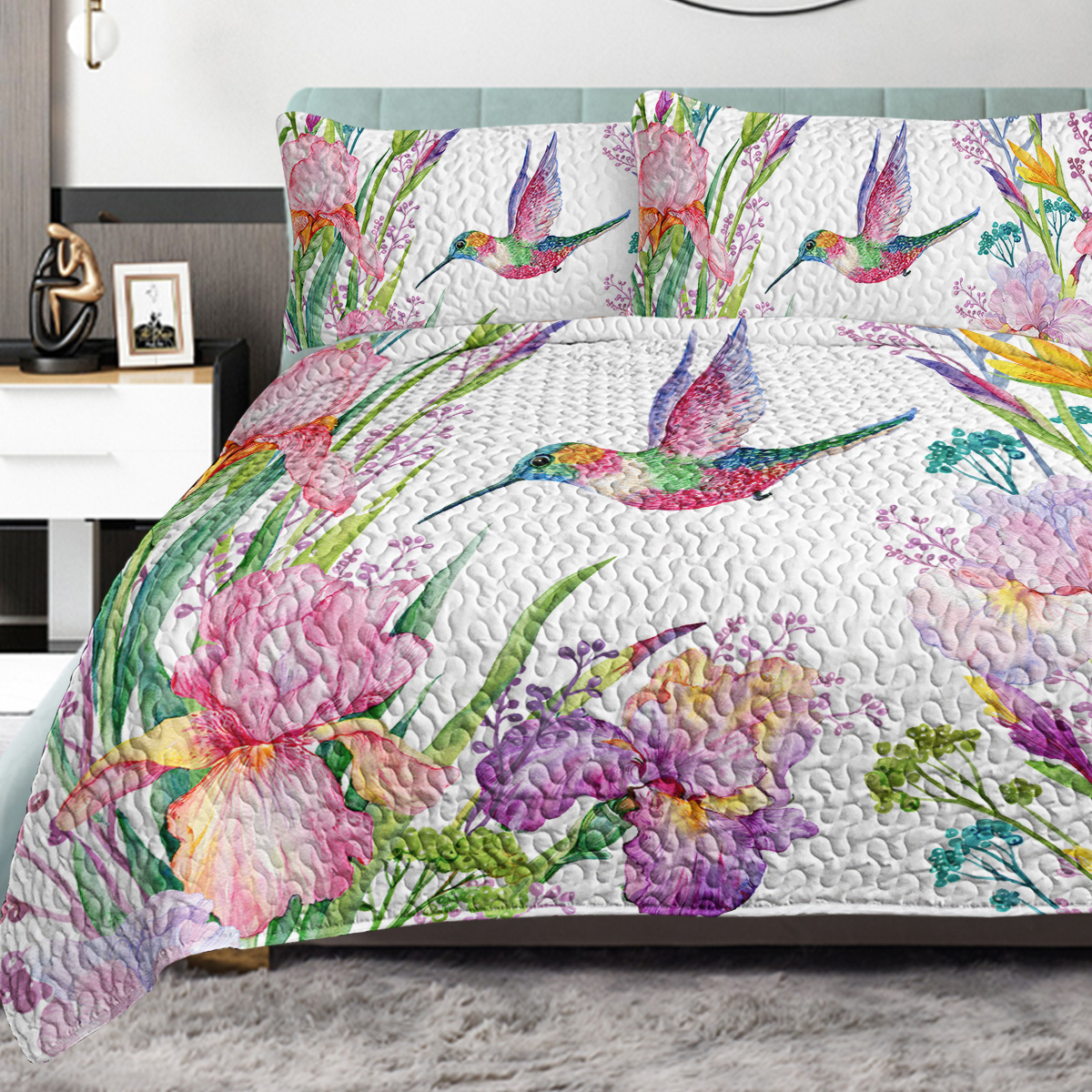 3 Pieces Kingfisher Print Quilt Set King Size Flowers Kingfishers Pattern Comforter Set Animal Theme Lightweight Quilt Set for All Season 1 Coverlet and 2 Pillowcases