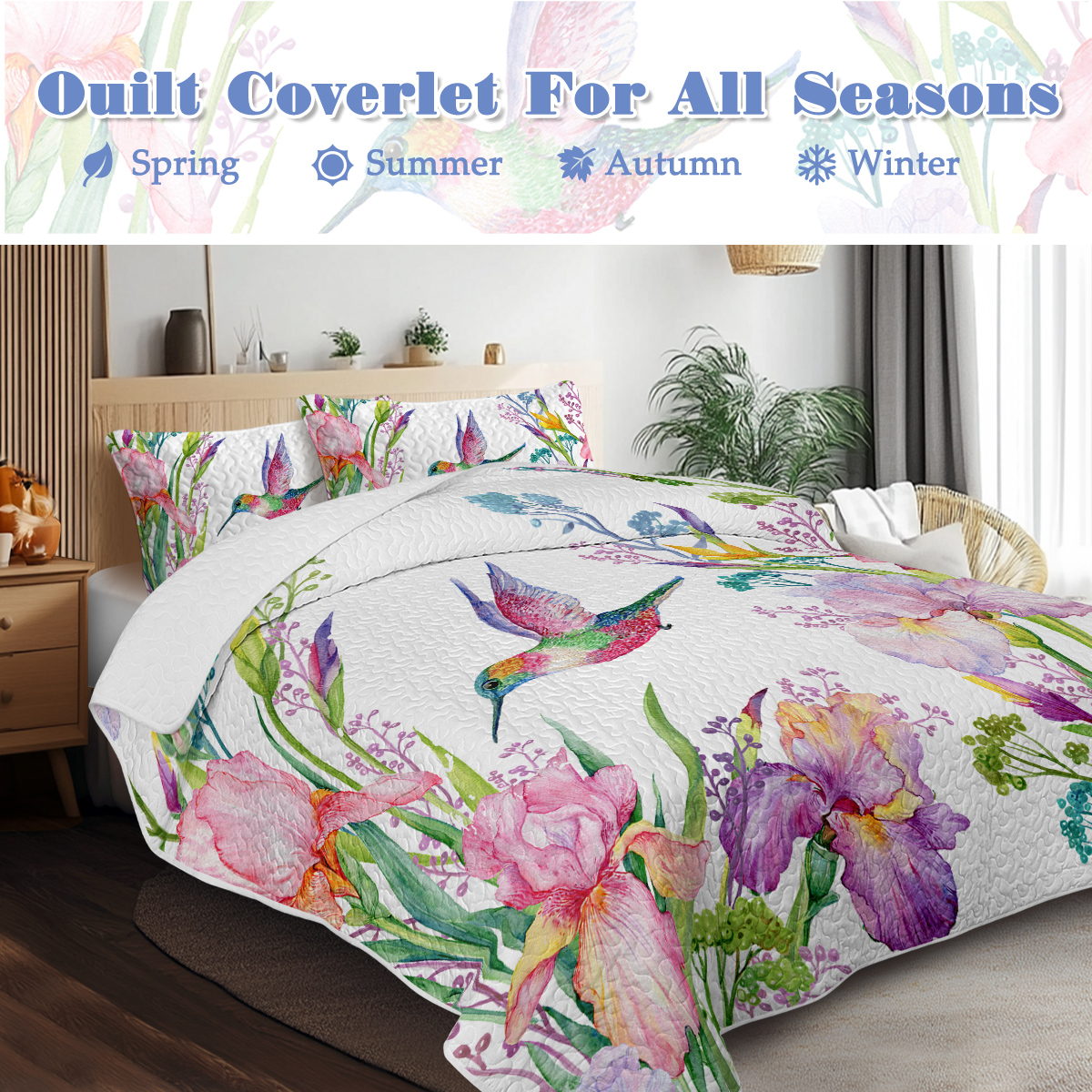 3 Pieces Kingfisher Print Quilt Set King Size Flowers Kingfishers Pattern Comforter Set Animal Theme Lightweight Quilt Set for All Season 1 Coverlet and 2 Pillowcases
