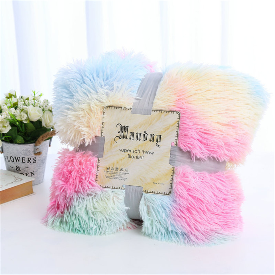 1 piece Shaggy Blanket Plush Faux Fur Blanket for Bed Sofa Ultra Soft Luxury Sherpa Blanket Rainbow Colorful Pink Blanke