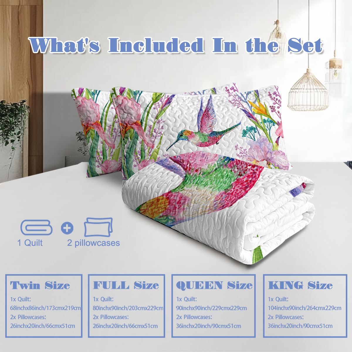 3 Pieces Kingfisher Print Quilt Set King Size Flowers Kingfishers Pattern Comforter Set Animal Theme Lightweight Quilt Set for All Season 1 Coverlet and 2 Pillowcases