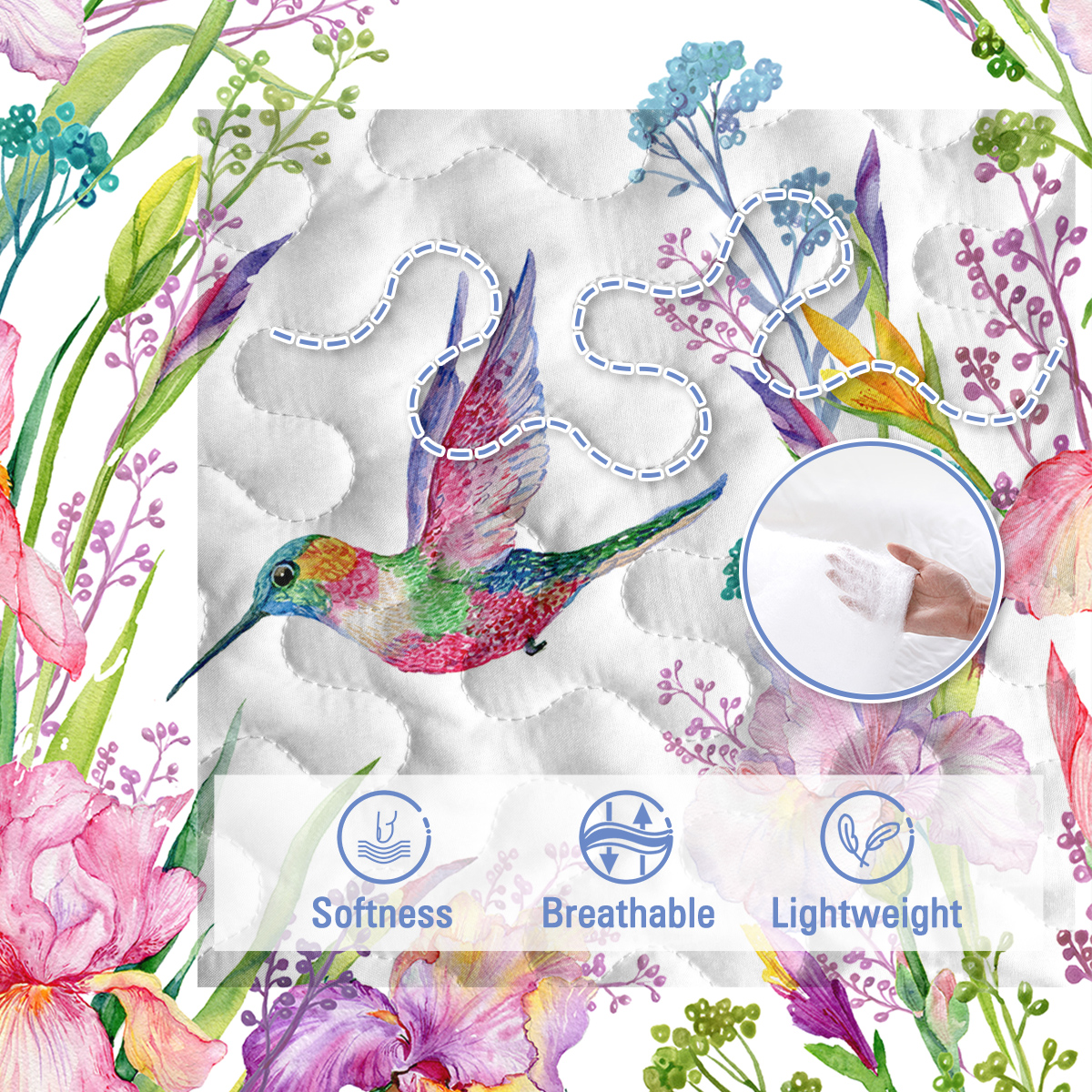 3 Pieces Kingfisher Print Quilt Set King Size Flowers Kingfishers Pattern Comforter Set Animal Theme Lightweight Quilt Set for All Season 1 Coverlet and 2 Pillowcases