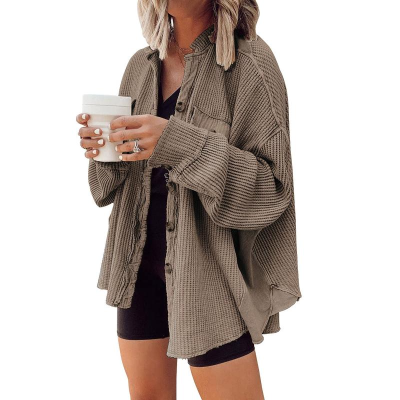 Womens Waffle Knit Button Down Shirts Color Block Casual Long Sleeve Blouses Tops Jackets V Neck Blouse Loose Fit Work Tops Shacket
