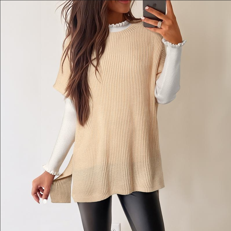 Womenswear Crewneck Short Sleeve Sweater - Lightweight Cotton &amp; Acrylic Tunic Top for Autumn Winter - Refined Silhouette, Cold-Cycle Friendly, No Shrinkage