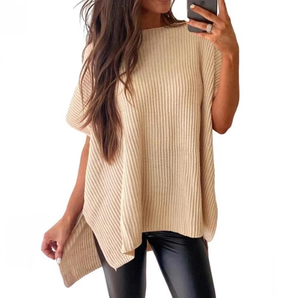 Womenswear Crewneck Short Sleeve Sweater - Lightweight Cotton &amp; Acrylic Tunic Top for Autumn Winter - Refined Silhouette, Cold-Cycle Friendly, No Shrinkage