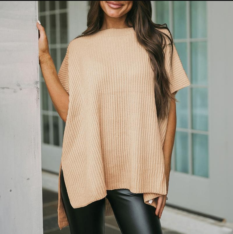 Womenswear Crewneck Short Sleeve Sweater - Lightweight Cotton &amp; Acrylic Tunic Top for Autumn Winter - Refined Silhouette, Cold-Cycle Friendly, No Shrinkage