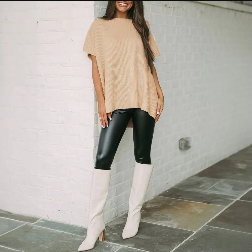 Womenswear Crewneck Short Sleeve Sweater - Lightweight Cotton & Acrylic Tunic Top for Autumn Winter - Refined Silhouette, Cold-Cycle Friendly, No Shrinkage