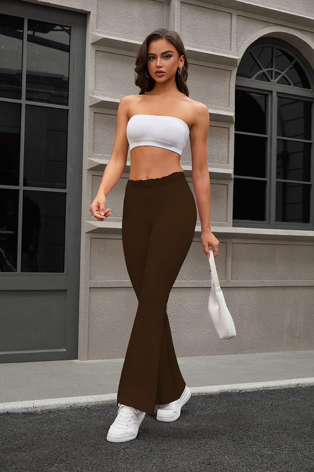 Ladies' low waisted lace flared pants for casual exercise, sportswear, yoga pants, wide leg pants