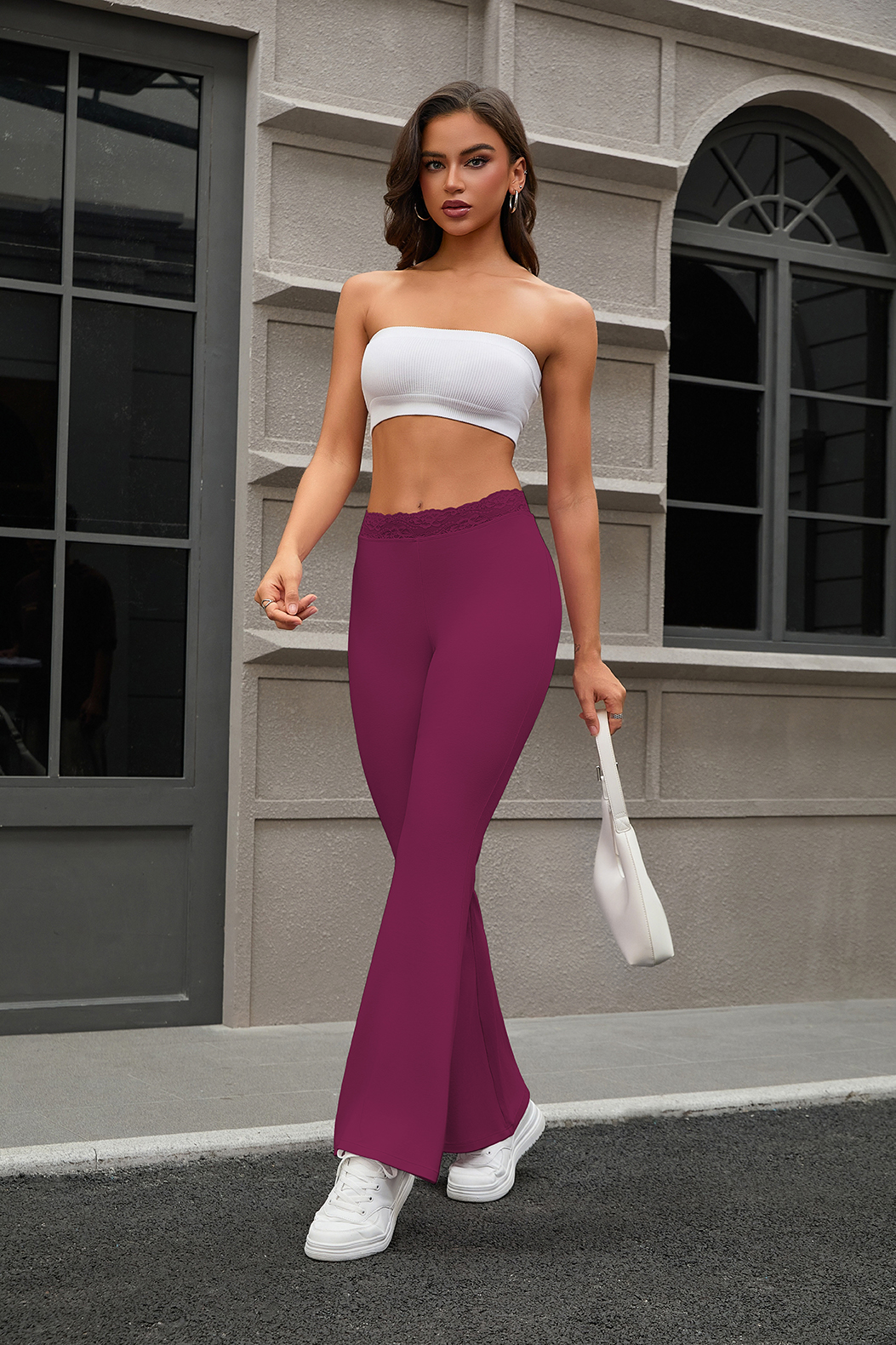 Ladies' low waisted lace flared pants for casual exercise, sportswear, yoga pants, wide leg pants