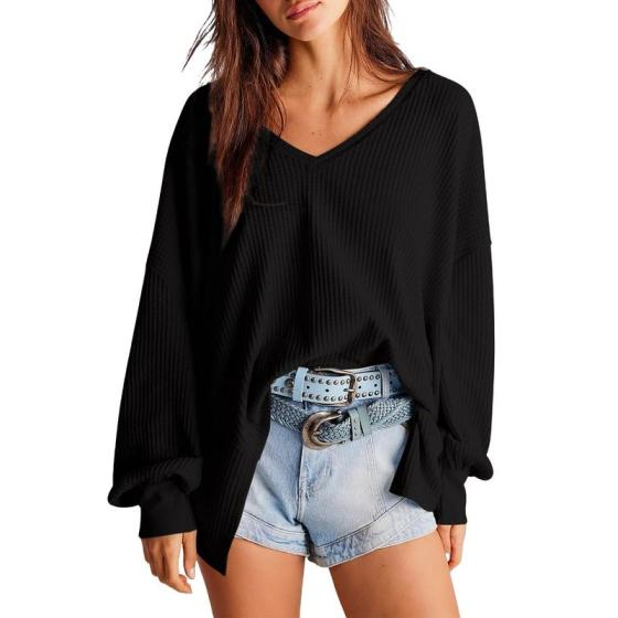 Womens Waffle Knit V-Neck Tops Fashion 2025 Long Lantern Sleeve Casual Blouses Oversized T Shirts Soft Cozy Fabric Perfect For All Seasons