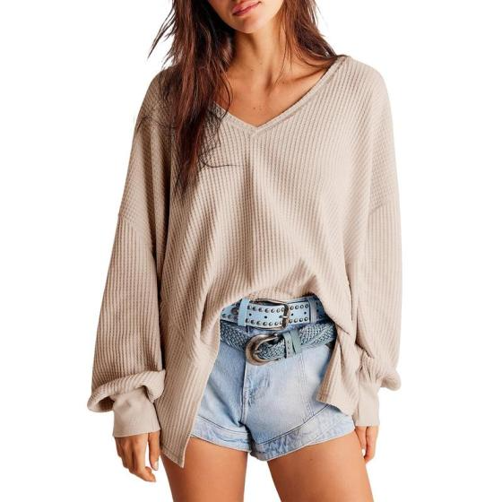 Womens Waffle Knit V-Neck Tops Fashion 2025 Long Lantern Sleeve Casual Blouses Oversized T Shirts Soft Cozy Fabric Perfect For All Seasons