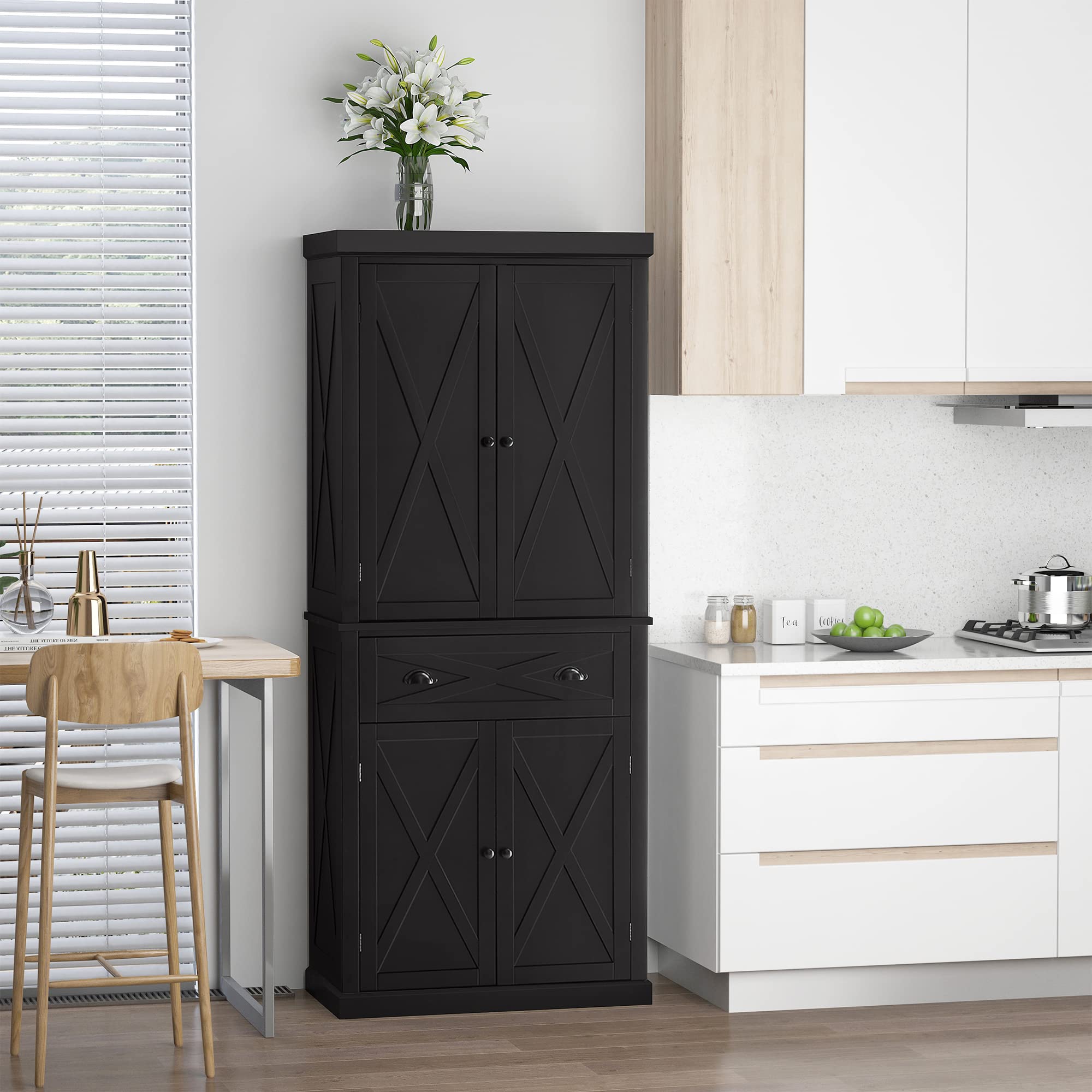 改HOMCOM 72" Kitchen Pantry Storage Cabinet, Traditional Freestanding Cupboard with 4 Doors and 3 Adjustable Shelves, Large Central Drawer, X-Frame, White