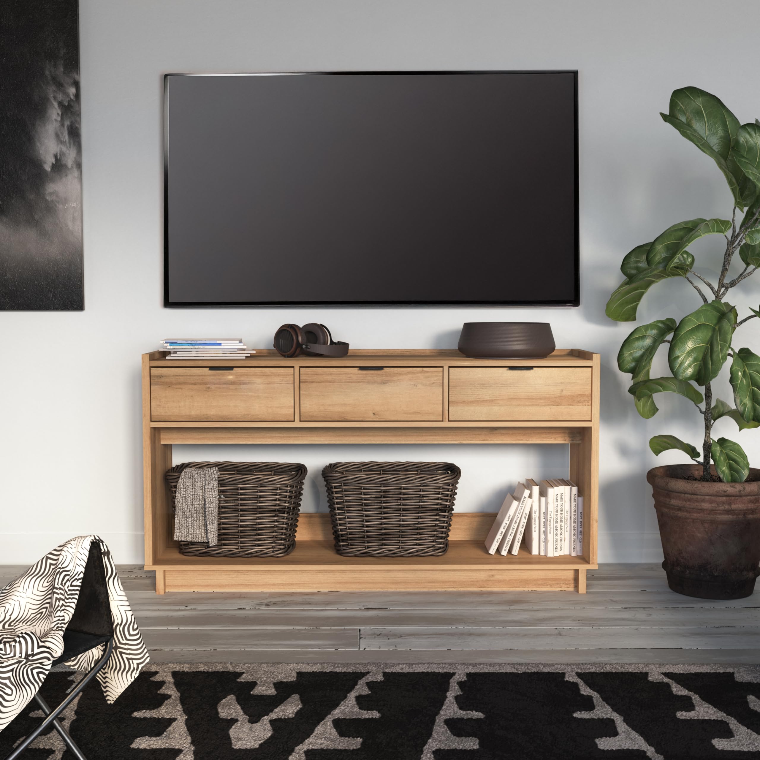 改Prepac Simply Modern 4 Console Table Doors and Shelves, Sideboard Storage Cabinet, 60" W x 30" H x 16" D, Black