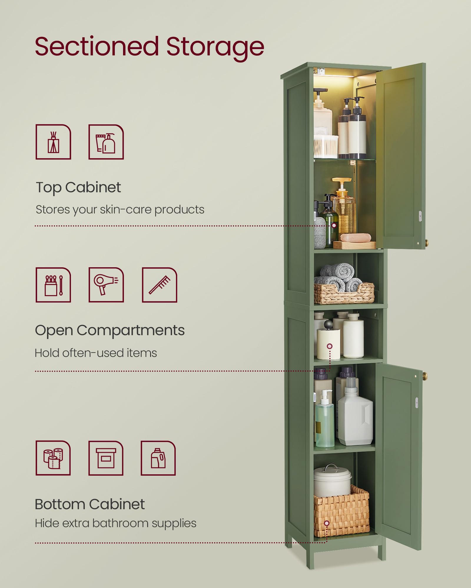 改VASAGLE Tall Bathroom Cabinet with Lights, Slim Bathroom Storage Cabinet, Freestanding Narrow Cabinet with Adjustable Shelves, for Small Spaces, Modern, 11.8 Inches Wide, Dove Gray UBBC566G02