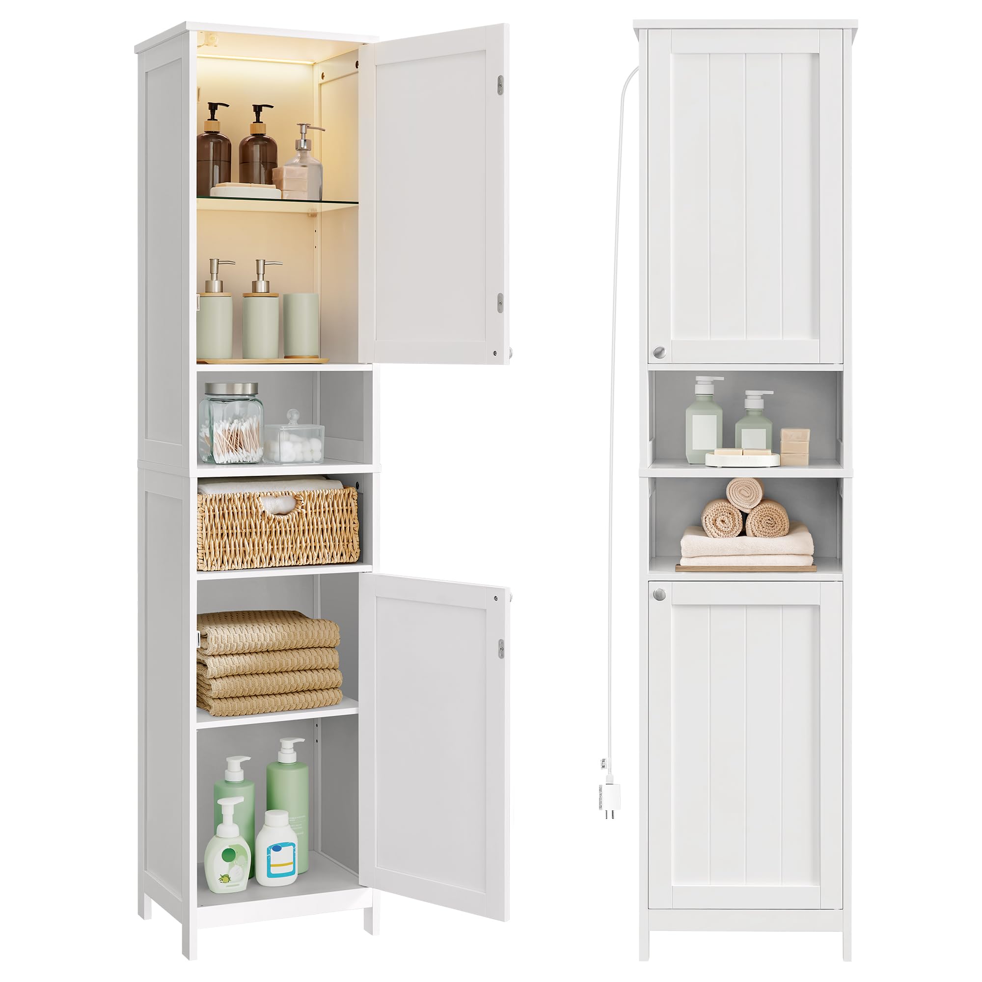 Tall Bathroom Cabinet with Lights, Slim Bathroom Storage Cabinet, Freestanding Narrow Cabinet with Adjustable Shelves, for Small Spaces, Modern11.8"D x 11.8"W x 66.9"H