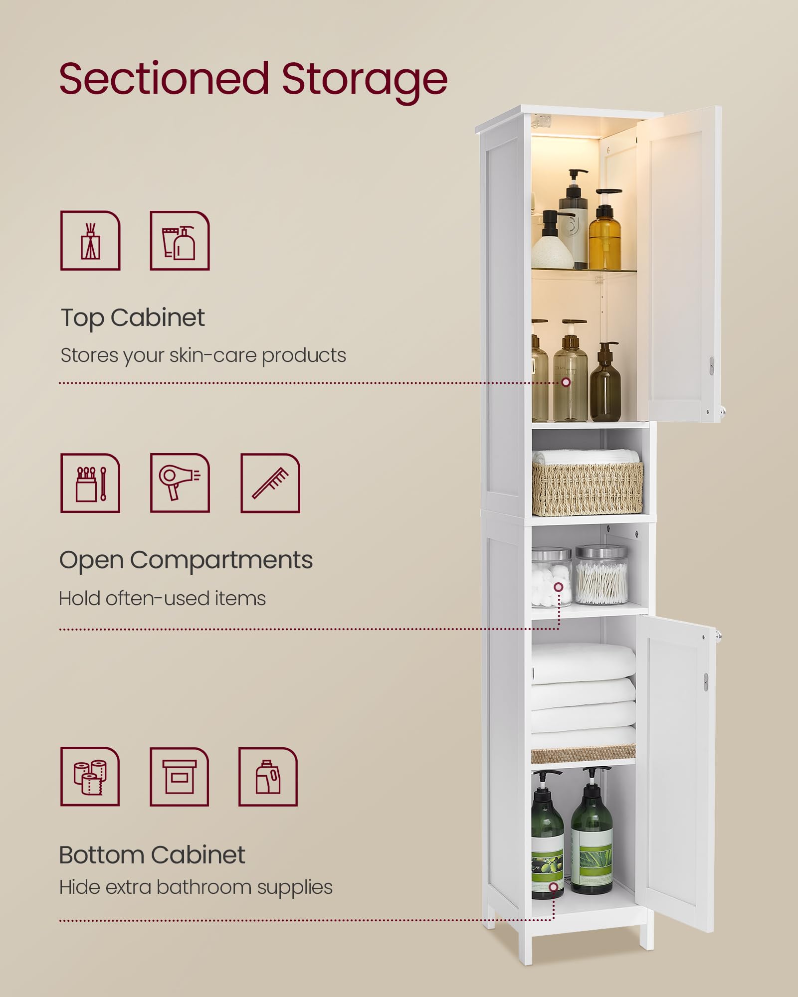 Tall Bathroom Cabinet with Lights, Slim Bathroom Storage Cabinet, Freestanding Narrow Cabinet with Adjustable Shelves, for Small Spaces, Modern11.8"D x 11.8"W x 66.9"H