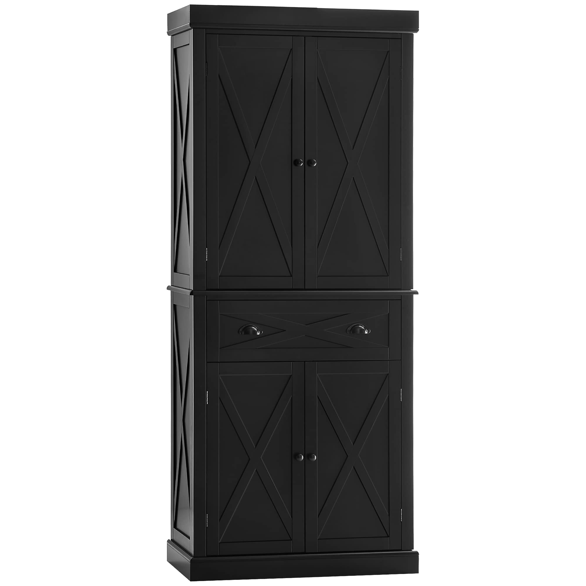 改HOMCOM 72" Kitchen Pantry Storage Cabinet, Traditional Freestanding Cupboard with 4 Doors and 3 Adjustable Shelves, Large Central Drawer, X-Frame, White