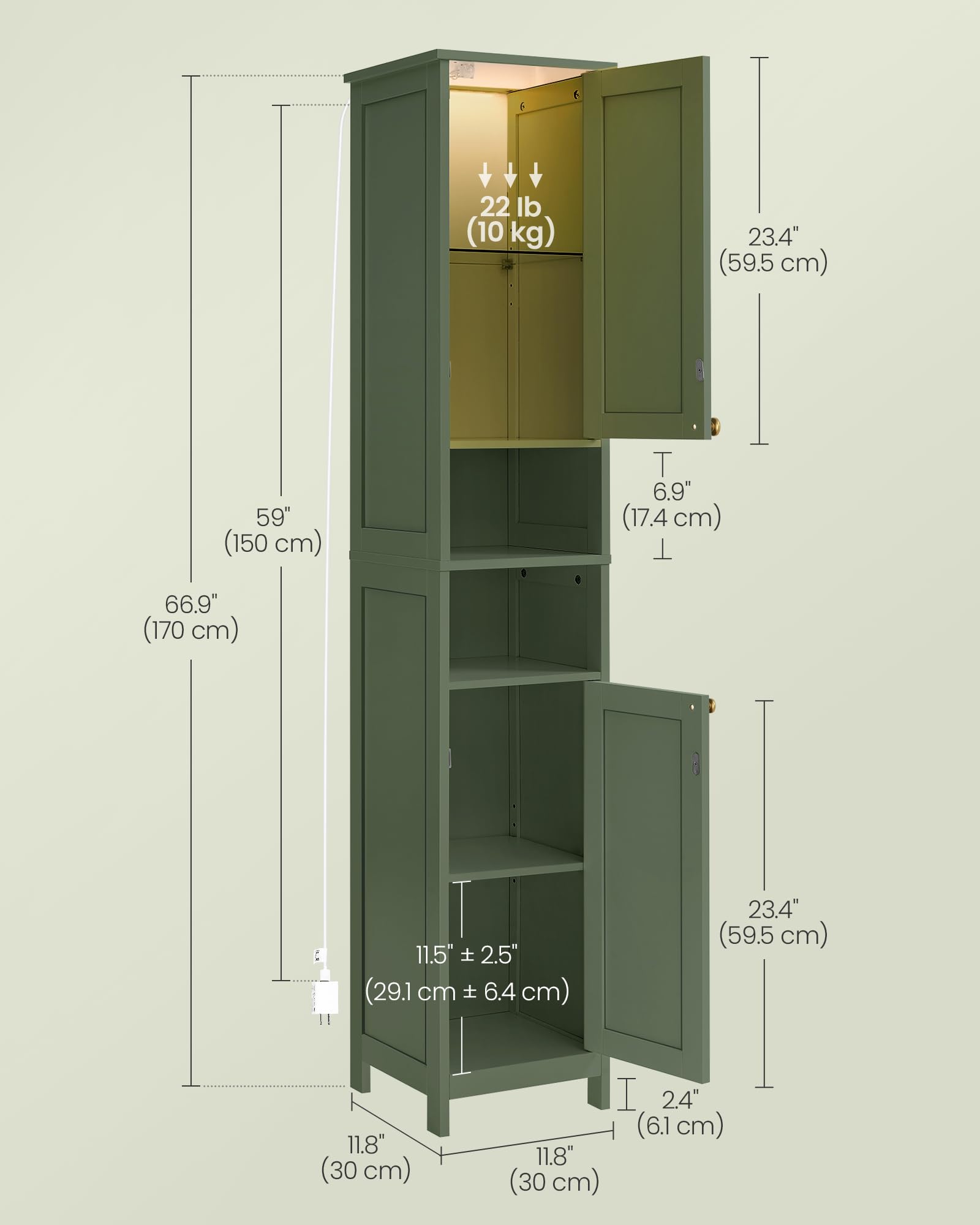 改VASAGLE Tall Bathroom Cabinet with Lights, Slim Bathroom Storage Cabinet, Freestanding Narrow Cabinet with Adjustable Shelves, for Small Spaces, Modern, 11.8 Inches Wide, Dove Gray UBBC566G02