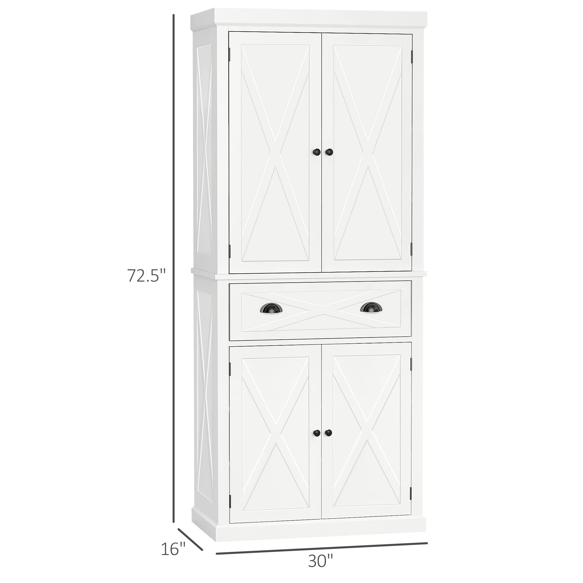 改HOMCOM 72" Kitchen Pantry Storage Cabinet, Traditional Freestanding Cupboard with 4 Doors and 3 Adjustable Shelves, Large Central Drawer, X-Frame, White