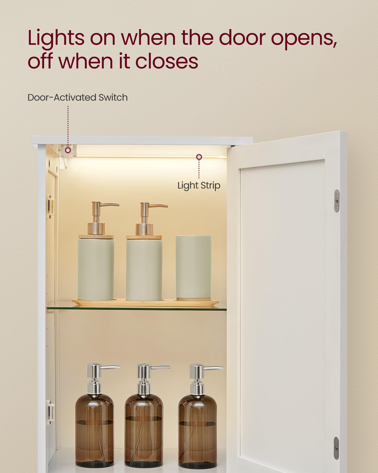 Tall Bathroom Cabinet with Lights, Slim Bathroom Storage Cabinet, Freestanding Narrow Cabinet with Adjustable Shelves, for Small Spaces, Modern11.8"D x 11.8"W x 66.9"H