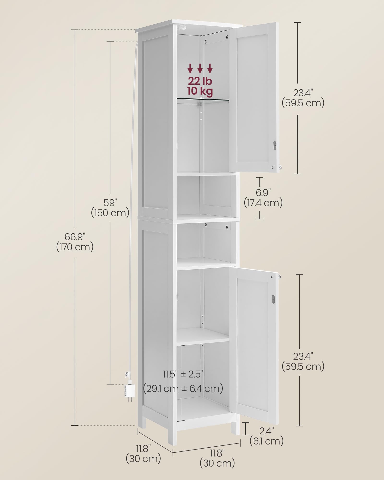 Tall Bathroom Cabinet with Lights, Slim Bathroom Storage Cabinet, Freestanding Narrow Cabinet with Adjustable Shelves, for Small Spaces, Modern