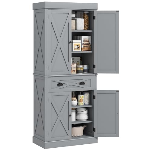 72" Kitchen Pantry Storage Cabinet, Traditional Freestanding Cupboard with 4 Doors and 3 Adjustable Shelves, Large Central Drawer , X-Frame