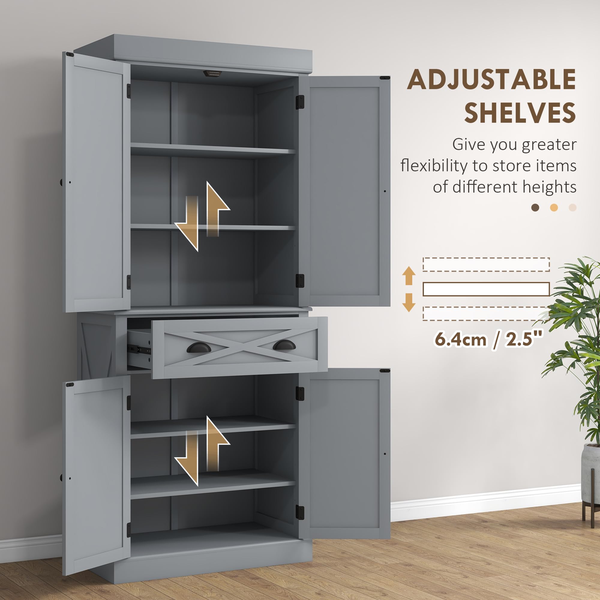 72" Kitchen Pantry Storage Cabinet, Traditional Freestanding Cupboard with 4 Doors and 3 Adjustable Shelves, Large Central Drawer , X-Frame
