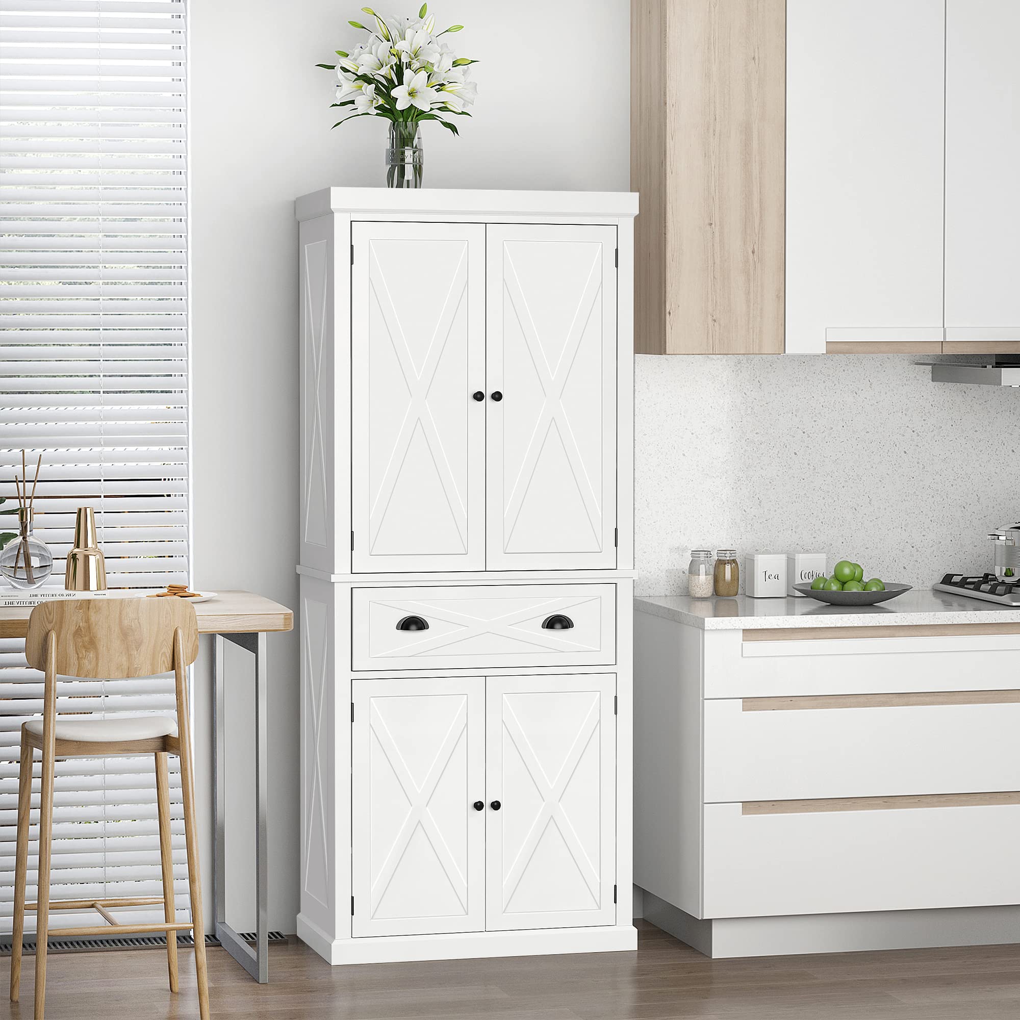 改HOMCOM 72" Kitchen Pantry Storage Cabinet, Traditional Freestanding Cupboard with 4 Doors and 3 Adjustable Shelves, Large Central Drawer, X-Frame, White
