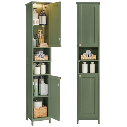 Tall Bathroom Cabinet with Lights, Slim Bathroom Storage Cabinet, Freestanding Narrow Cabinet with Adjustable Shelves, for Small Spaces, Modern11.8"D x 11.8"W x 66.9"H