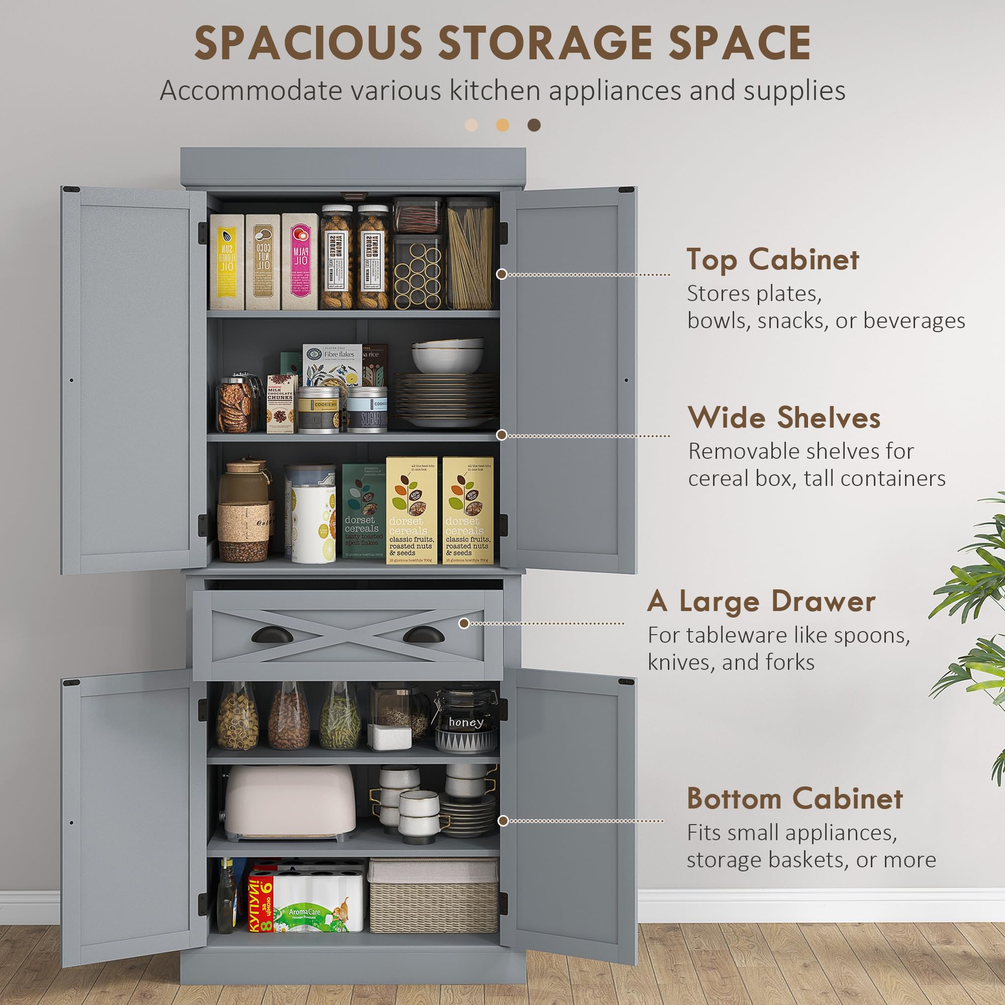 72" Kitchen Pantry Storage Cabinet, Traditional Freestanding Cupboard with 4 Doors and 3 Adjustable Shelves, Large Central Drawer , X-Frame
