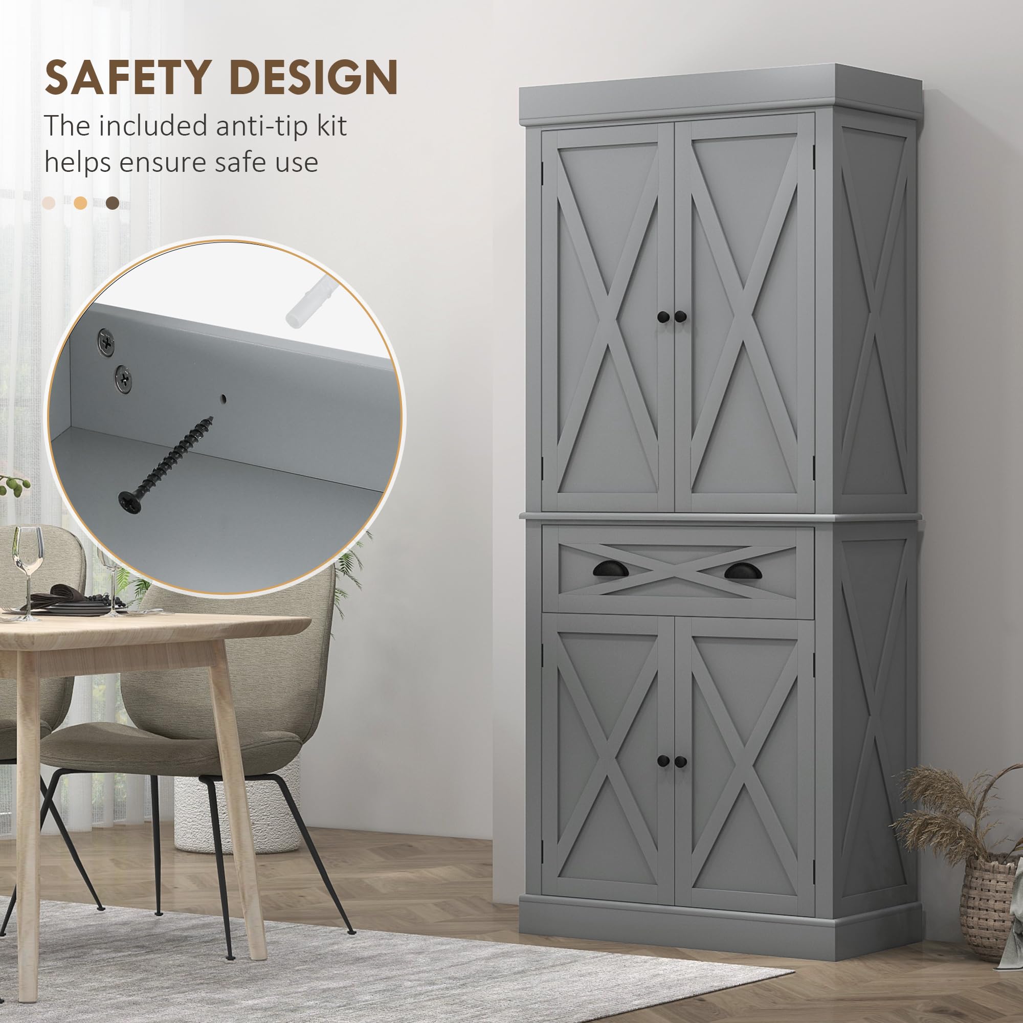 72" Kitchen Pantry Storage Cabinet, Traditional Freestanding Cupboard with 4 Doors and 3 Adjustable Shelves, Large Central Drawer , X-Frame