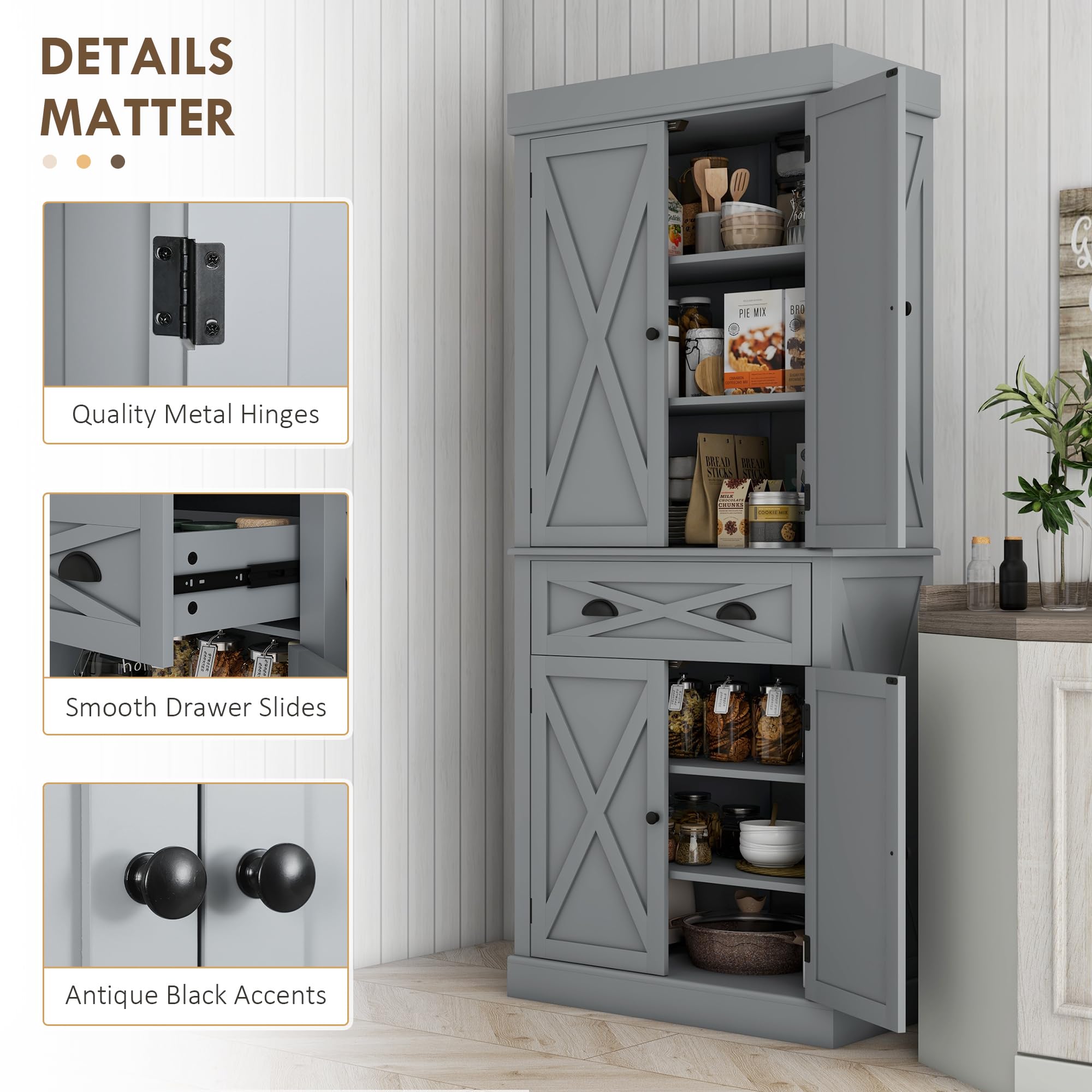 72" Kitchen Pantry Storage Cabinet, Traditional Freestanding Cupboard with 4 Doors and 3 Adjustable Shelves, Large Central Drawer , X-Frame