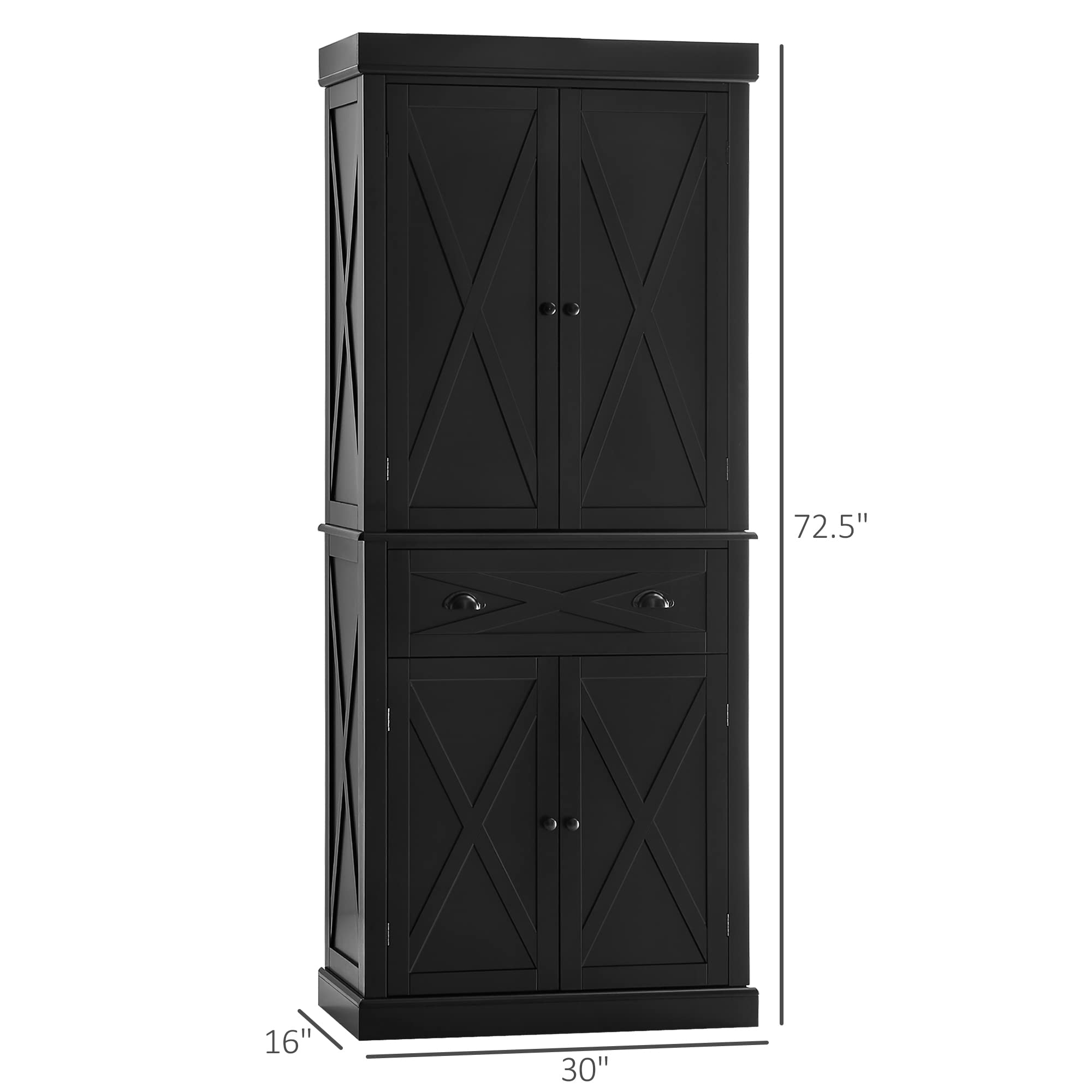 改HOMCOM 72" Kitchen Pantry Storage Cabinet, Traditional Freestanding Cupboard with 4 Doors and 3 Adjustable Shelves, Large Central Drawer, X-Frame, White