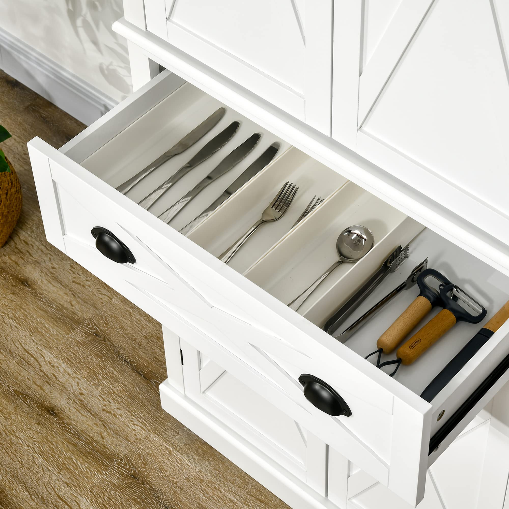 改HOMCOM 72" Kitchen Pantry Storage Cabinet, Traditional Freestanding Cupboard with 4 Doors and 3 Adjustable Shelves, Large Central Drawer, X-Frame, White
