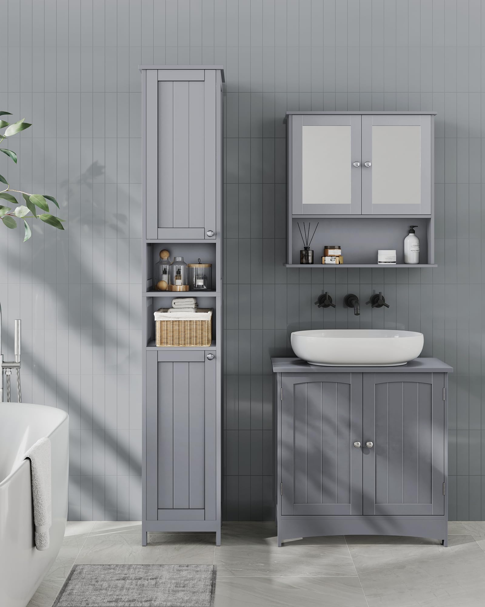 改VASAGLE Tall Bathroom Cabinet with Lights, Slim Bathroom Storage Cabinet, Freestanding Narrow Cabinet with Adjustable Shelves, for Small Spaces, Modern, 11.8 Inches Wide, Dove Gray UBBC566G02