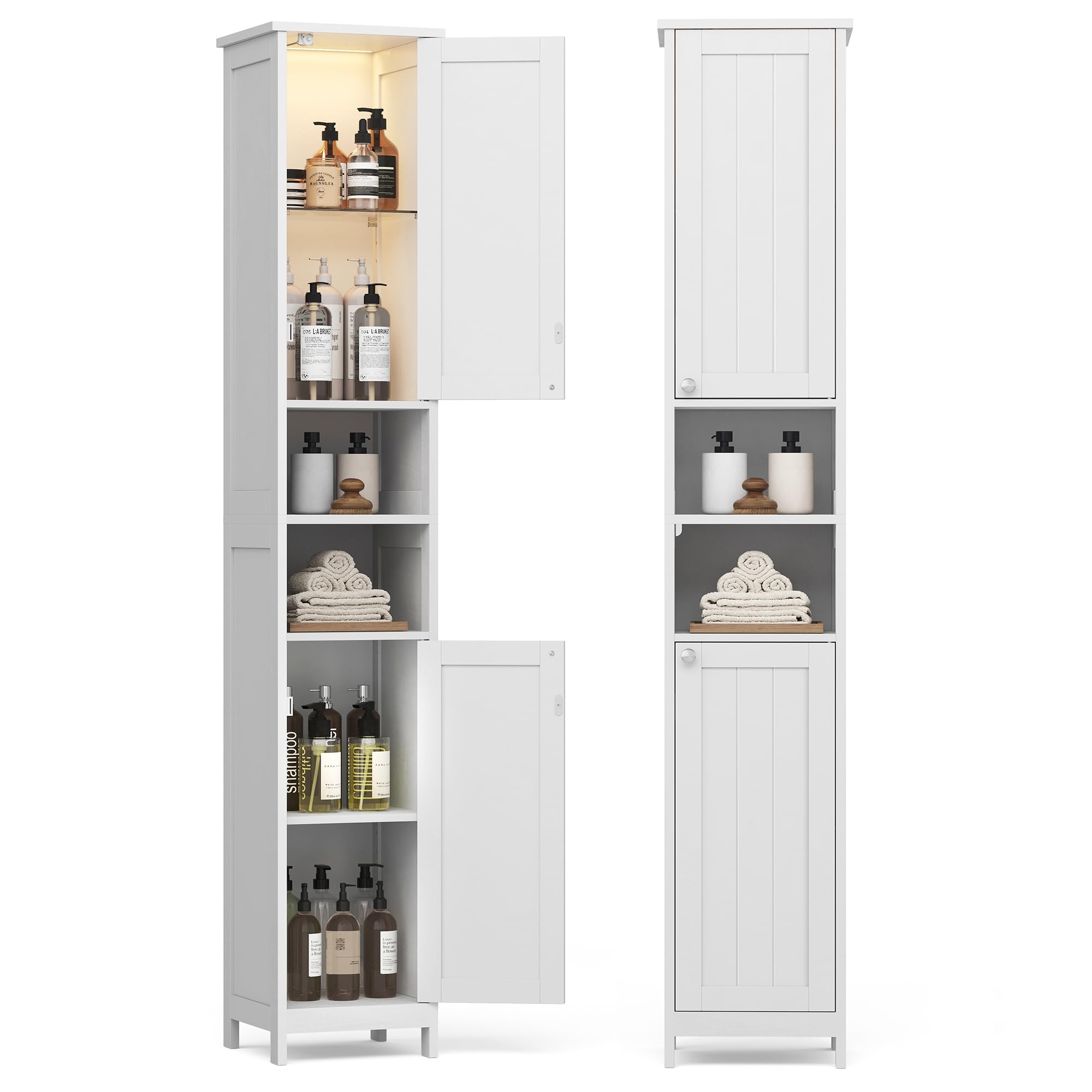 Tall Bathroom Cabinet with Lights, Slim Bathroom Storage Cabinet, Freestanding Narrow Cabinet with Adjustable Shelves, for Small Spaces, Modern