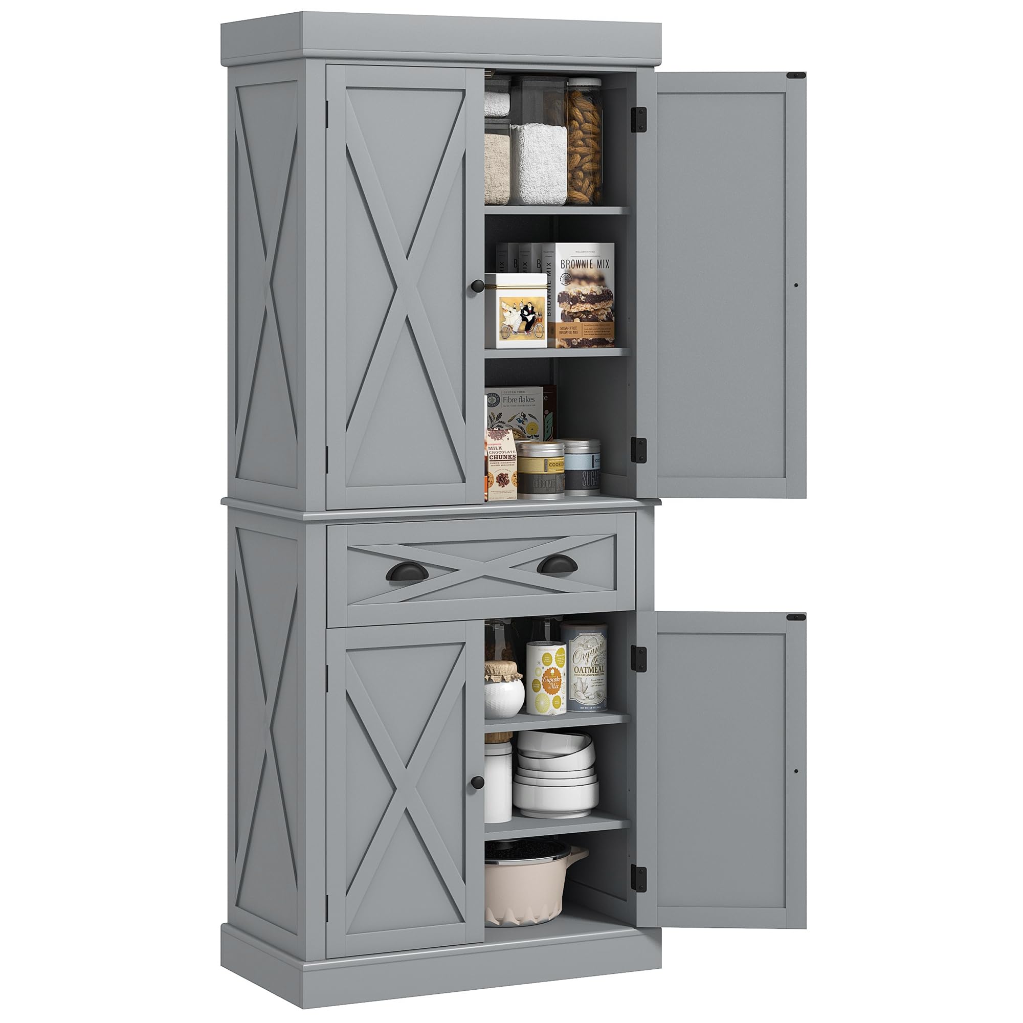 72" Kitchen Pantry Storage Cabinet, Traditional Freestanding Cupboard with 4 Doors and 3 Adjustable Shelves, Large Central Drawer , X-Frame