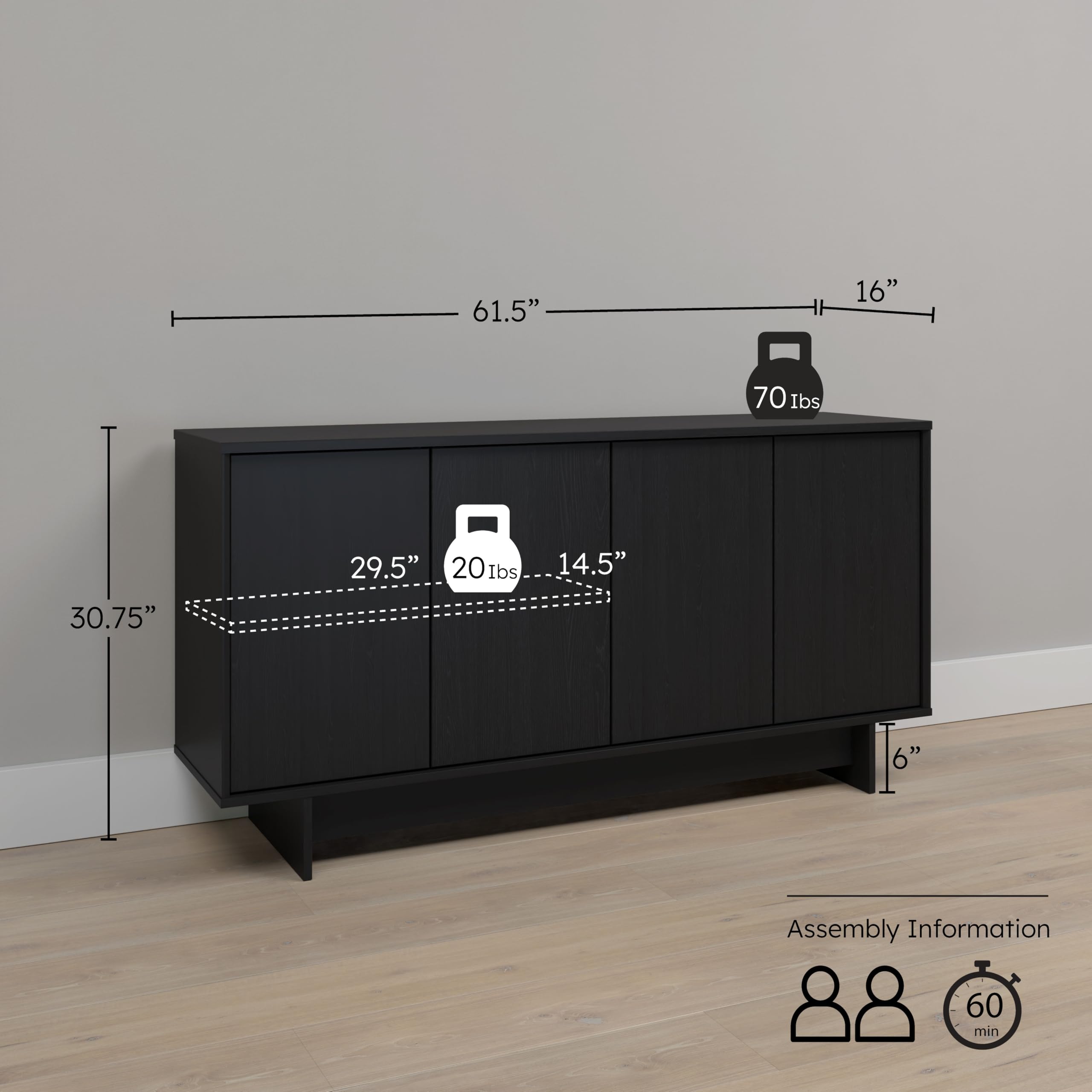 4 Console Table Doors and Shelves, Sideboard Storage Cabinet, 60" W x 30" H x 16" H