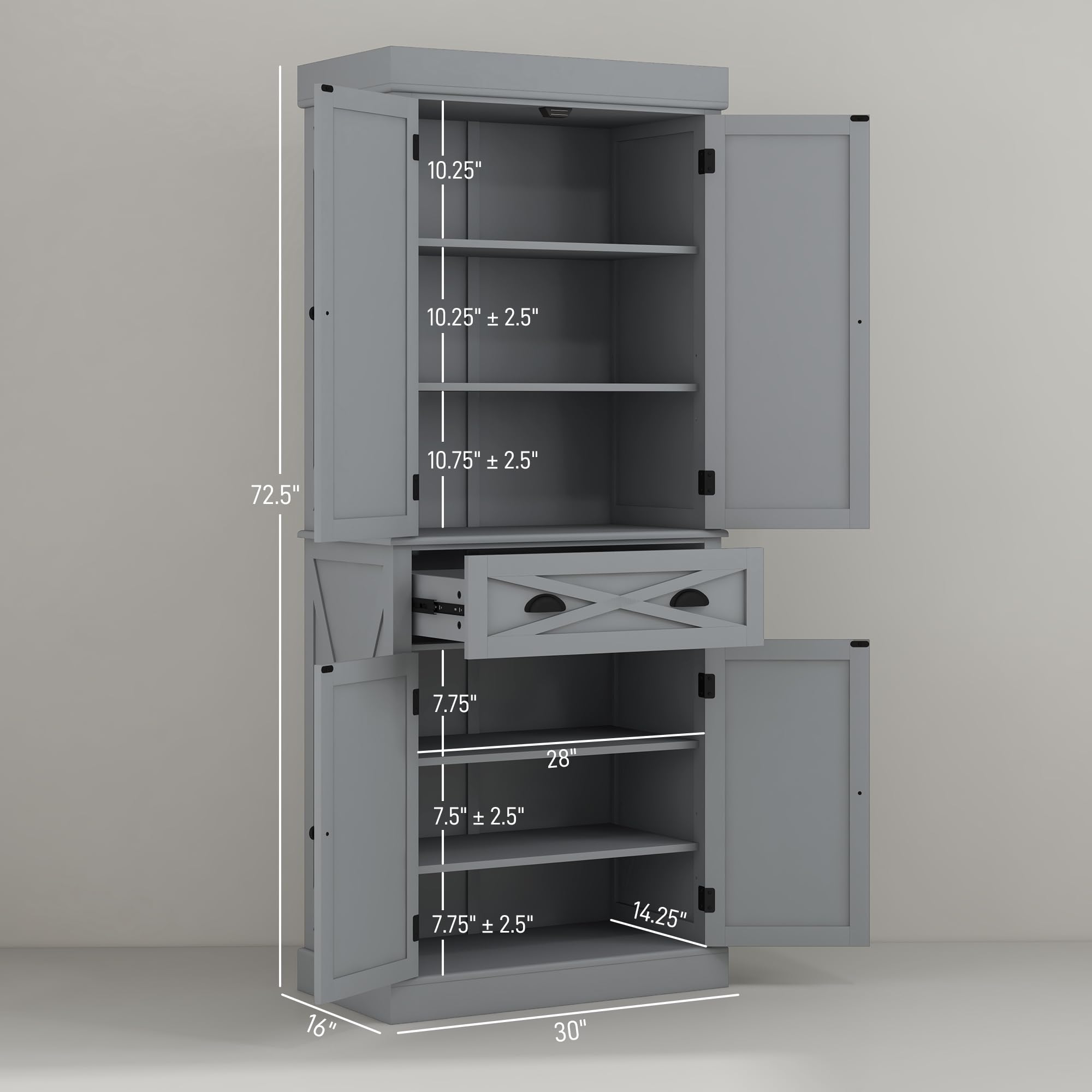72" Kitchen Pantry Storage Cabinet, Traditional Freestanding Cupboard with 4 Doors and 3 Adjustable Shelves, Large Central Drawer , X-Frame