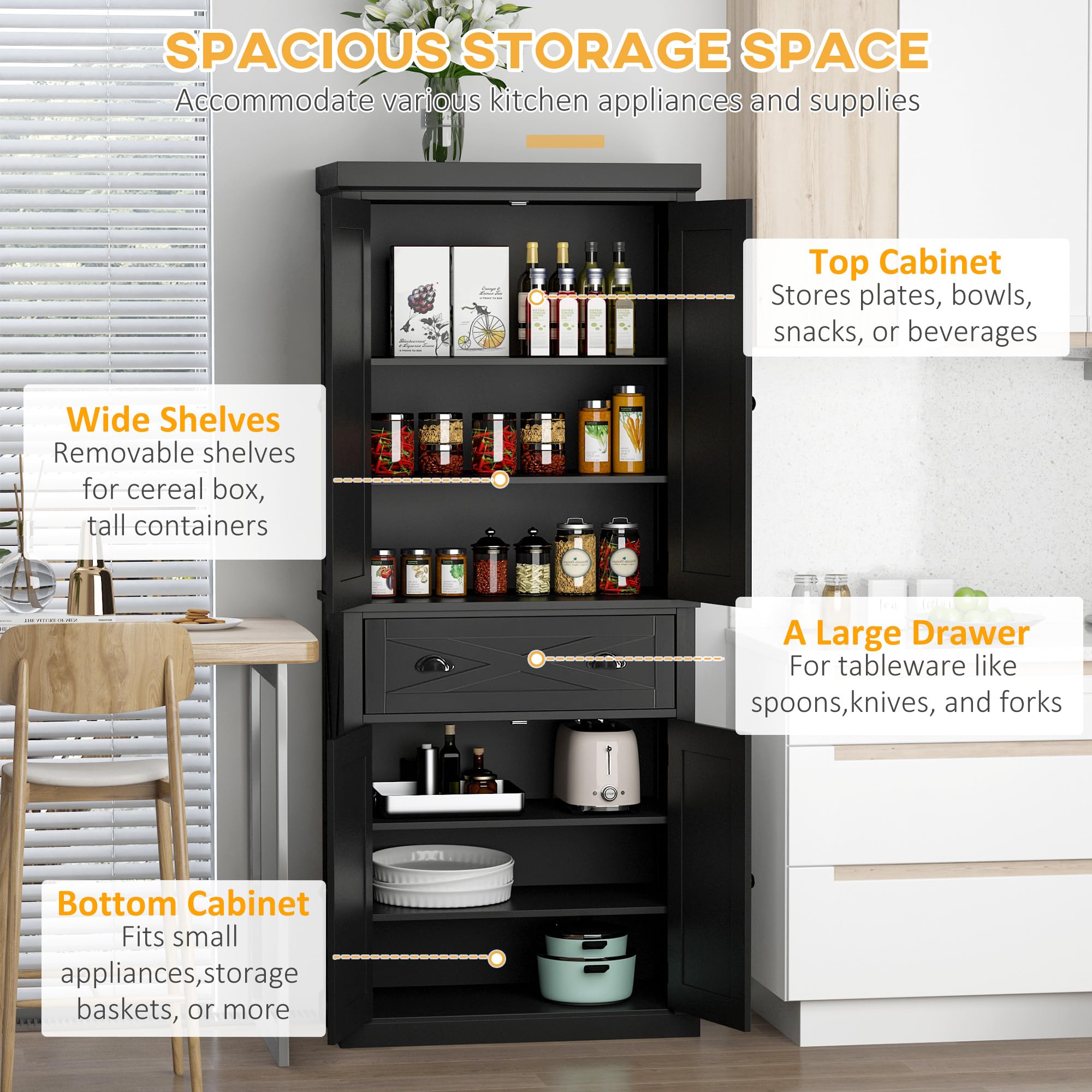 改HOMCOM 72" Kitchen Pantry Storage Cabinet, Traditional Freestanding Cupboard with 4 Doors and 3 Adjustable Shelves, Large Central Drawer, X-Frame, White