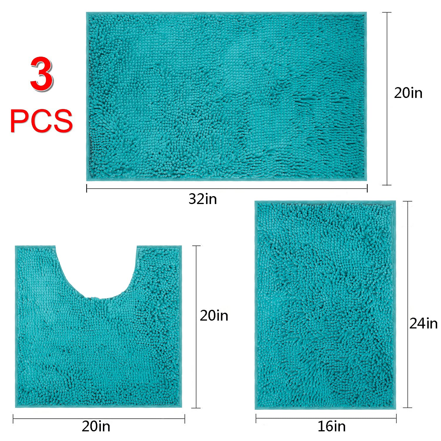 3 Pieces Bathroom Rugs, Anti-Slip Chenille Bath Rug, Super Absorbent Luxury Shaggy Bath Mats Set, Perfect Plush Carpet for Tub, Shower, Bath Room,Machine Washable