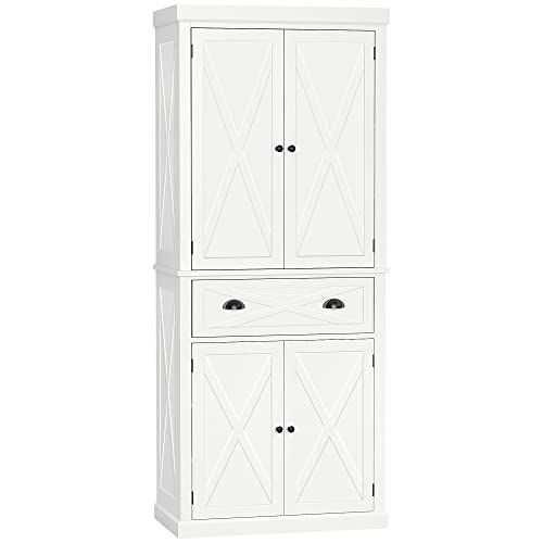 72" Kitchen Pantry Storage Cabinet, Traditional Freestanding Cupboard with 4 Doors and 3 Adjustable Shelves, Large Central Drawer , X-Frame