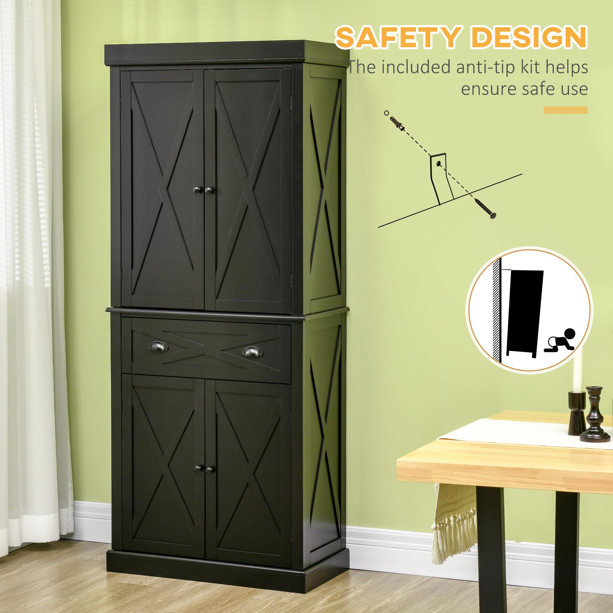 改HOMCOM 72" Kitchen Pantry Storage Cabinet, Traditional Freestanding Cupboard with 4 Doors and 3 Adjustable Shelves, Large Central Drawer, X-Frame, White