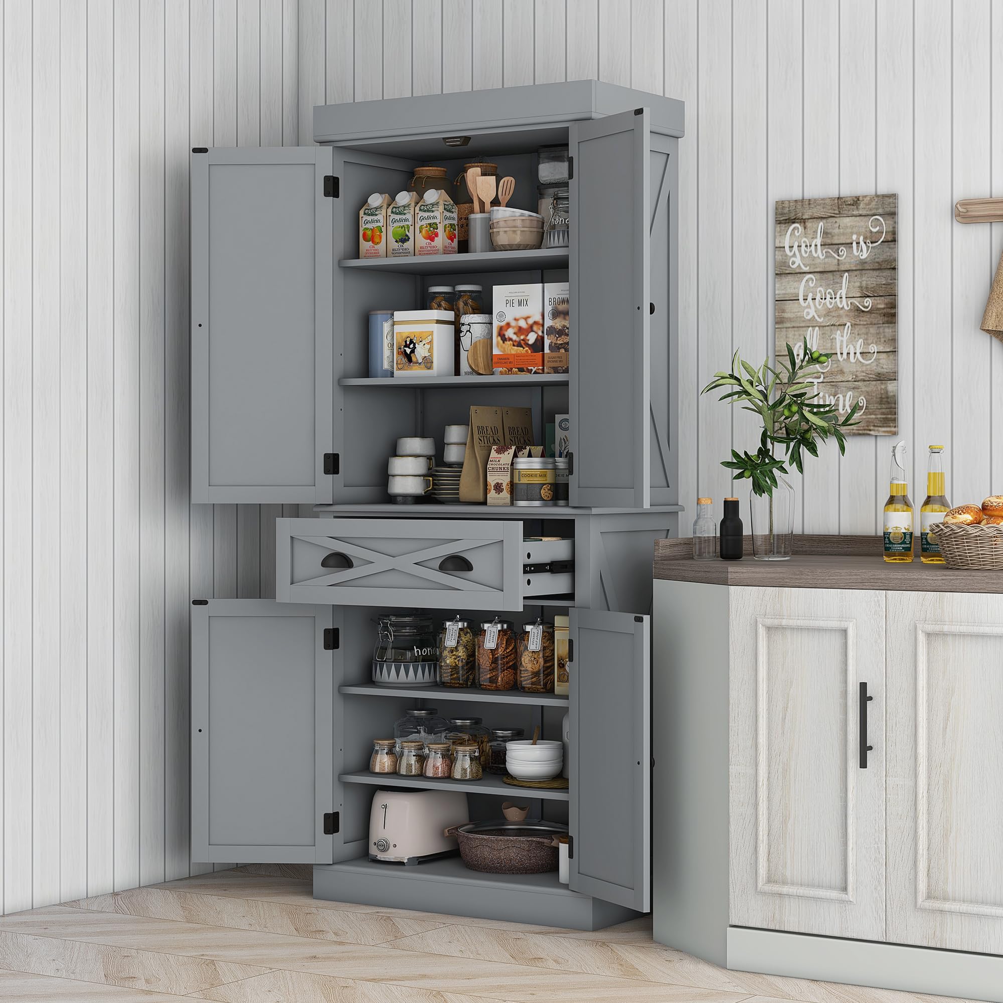 72" Kitchen Pantry Storage Cabinet, Traditional Freestanding Cupboard with 4 Doors and 3 Adjustable Shelves, Large Central Drawer , X-Frame